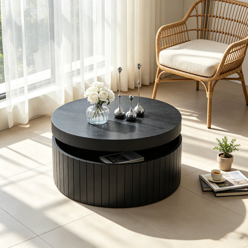 Table basse ronde moderne avec rangement Table à thé d'appoint pour le salon, la chambre à coucher, sans assemblage, Noir