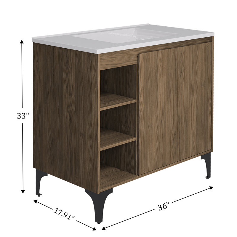 Meuble-lavabo simple 36 po avec plateau en résine et lavabo sur pied, Brun