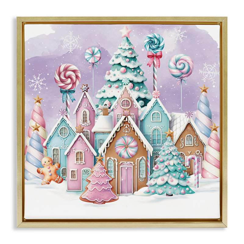 «Gingerbread Candy Town», art mural sur toile par Nicole DeCamp, H 18 po x l 18 po, Cadre flottant métallique doré