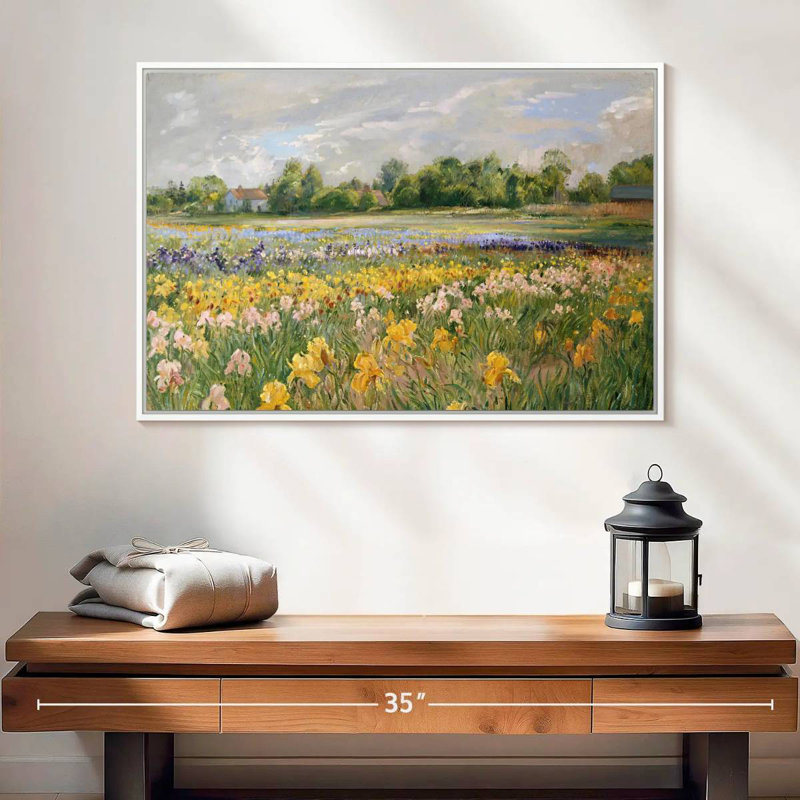 Chalets et champ d'iris, Cadre flottant blanc, 25 po x 17 po