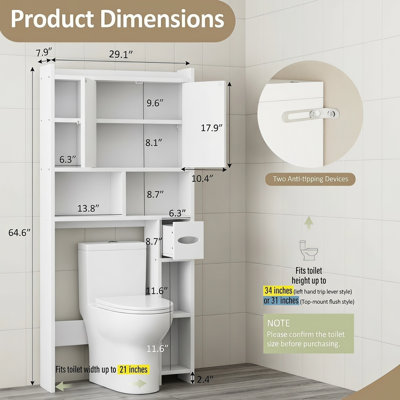 Meuble de rangement autoportant pour salle de bain, blanc | Organisateur de rangement pour salle de bain avec porte-papier hygiénique indépendant et tablettes intérieures personnalisables