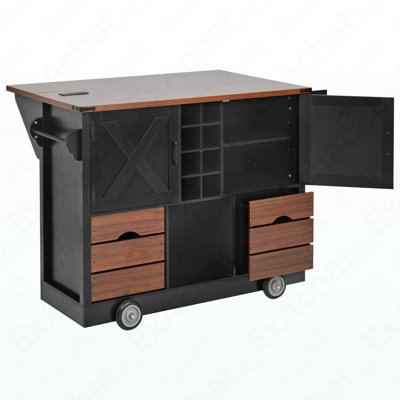 54" Farmhouse Kitchen Island With Drop Leaf, Power Outlet, Kitchen Storage Cart With 2 Doors, 2 Drawers, Rolling Kitchen Island On 4 Large Wheels With Spice Rack For Kitchen, Dining Room, Black