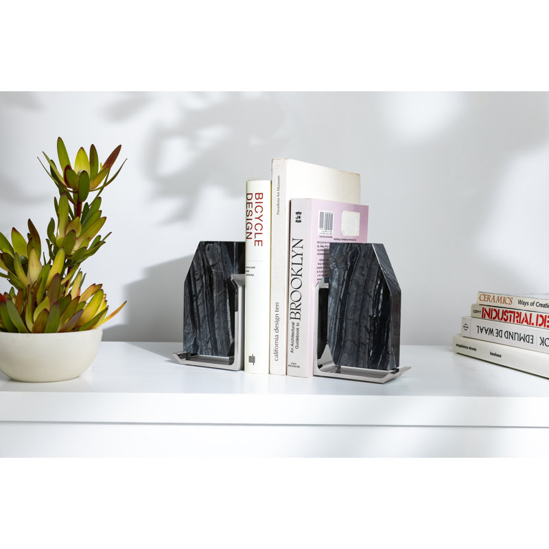 Gray and Silver Marble Metal Contemporary Bookends Set