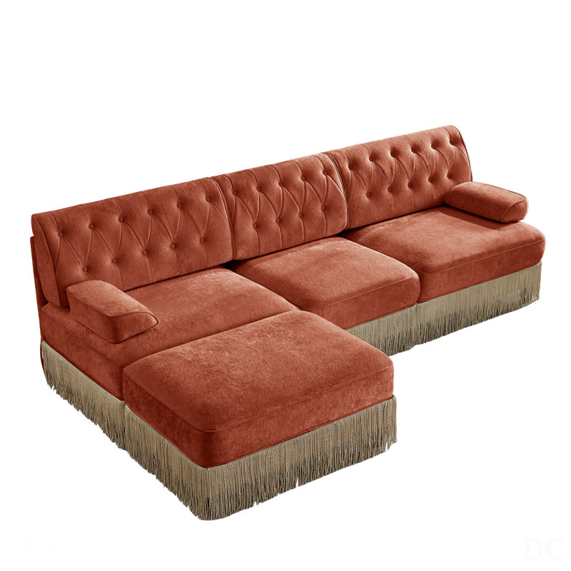 3-Seater Velvet Fabric Modular Sectional With Tassel Skirt, Button Tufted Design, And High-Resilience Foam For Elegant Living Spaces