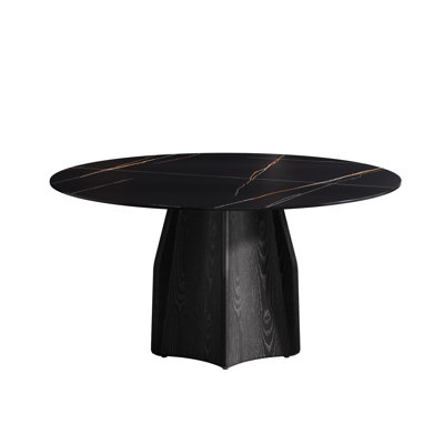 Black Round Dining Table, 59.64" Diameter With Solid Oak Base, Sintered Stone Top For 6-8, Fire & Heat Insulation Material Black, Wood To Cracks And Fading