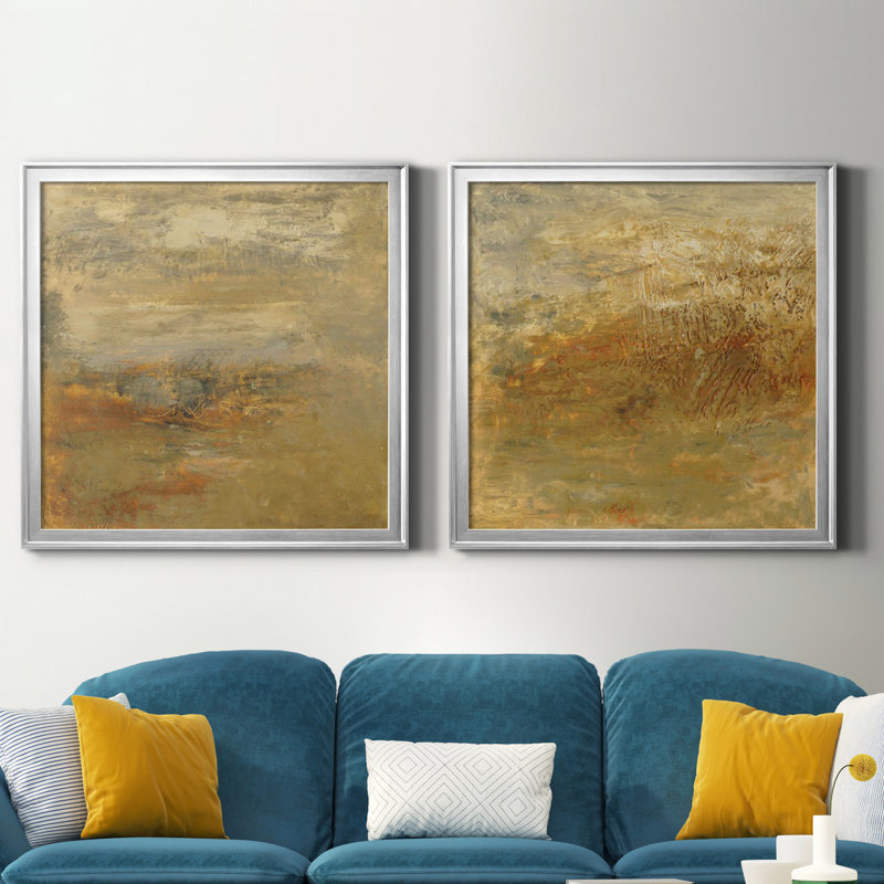 Ensemble de 2 cadres photo Encaustic Tile In Orange I, H 34,5 po x l 69 po x P 1,5 po, Toile encadrée argentée, Pas de tapis