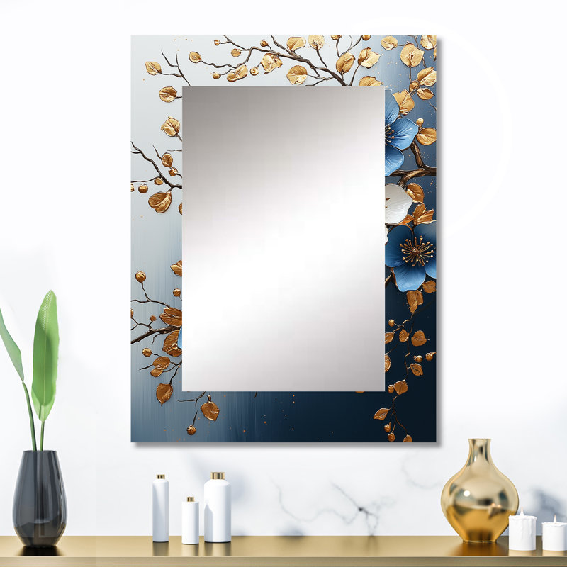 Or et bleu cerisier en fleurs, paysage IV - miroir mural décoratif cerisier en fleurs, 32 po x 24 po