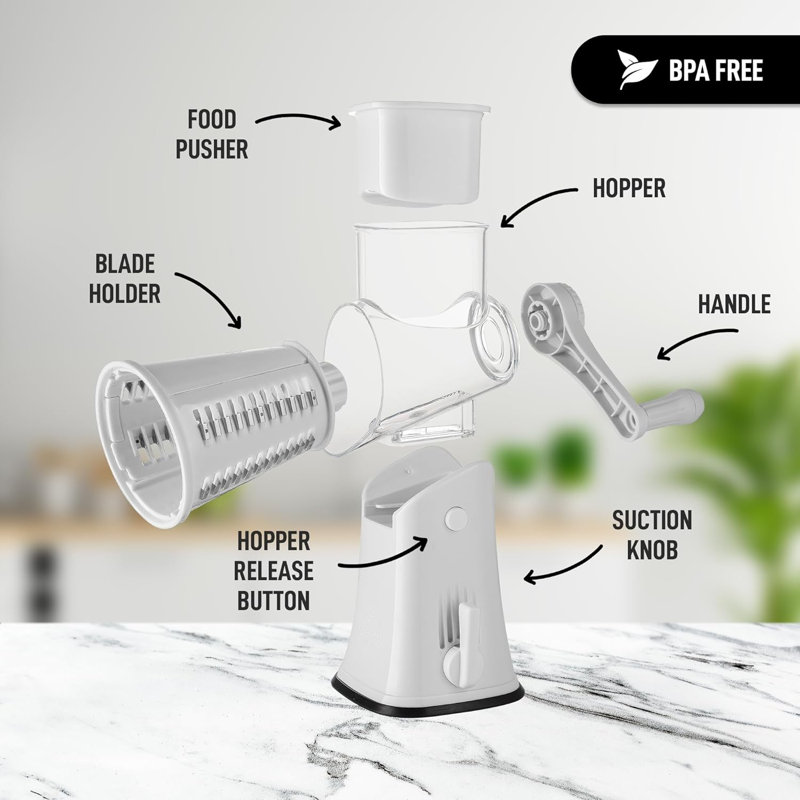 Zulay Kitchen Rotary Cheese Grater with 5 Stainless Steel Blades and Suction Base, White