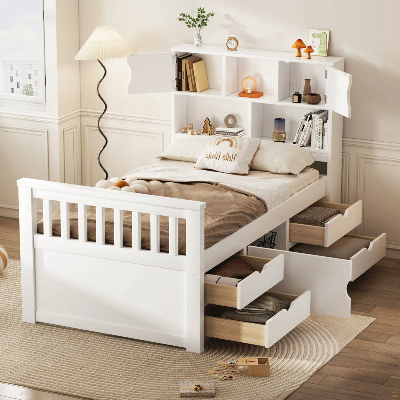 Twin Size Captain Platform Bed Frame With Storage Bookcases And Shelves,Four Drawers