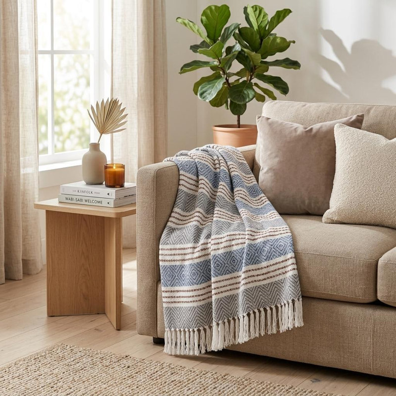 Jeté rayé en coton tissé gris et blanc