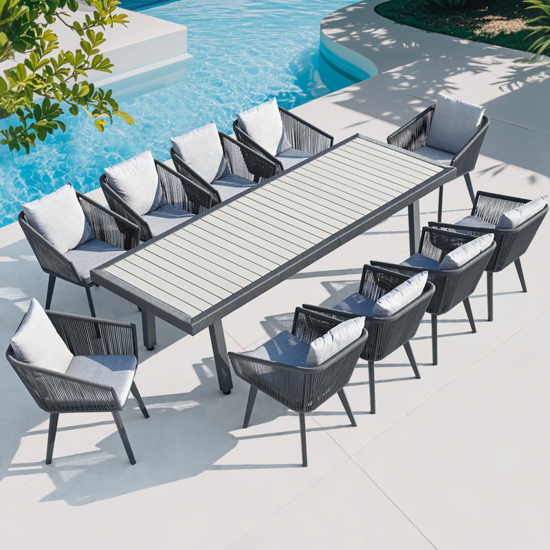 Ensemble de salle à manger de 11 pièces en osier de patio (pour 10 personnes), Gris, 10