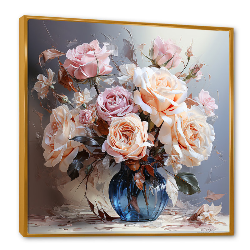 Magnifique bouquet de roses sur toile, Cadre flottant doré, H 16 po x l 16 po x P 1 po