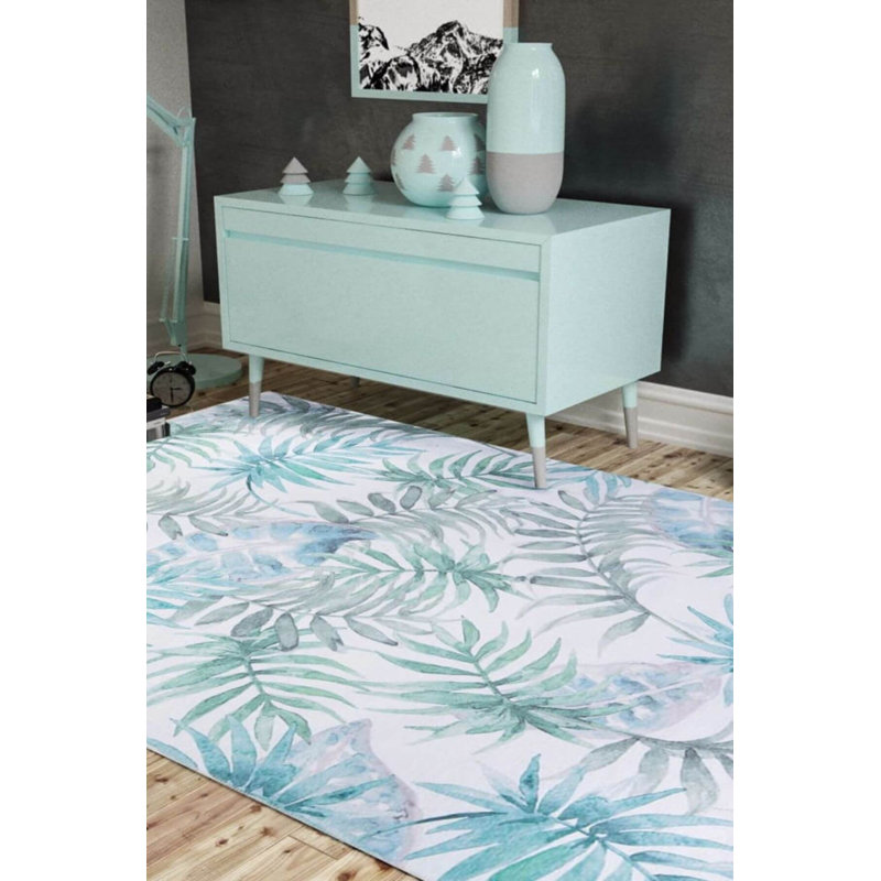 Tapis décoratif à motif floral vert, bleu et blanc, Rectangle 4 pi 8 po x 6 pi 3 po