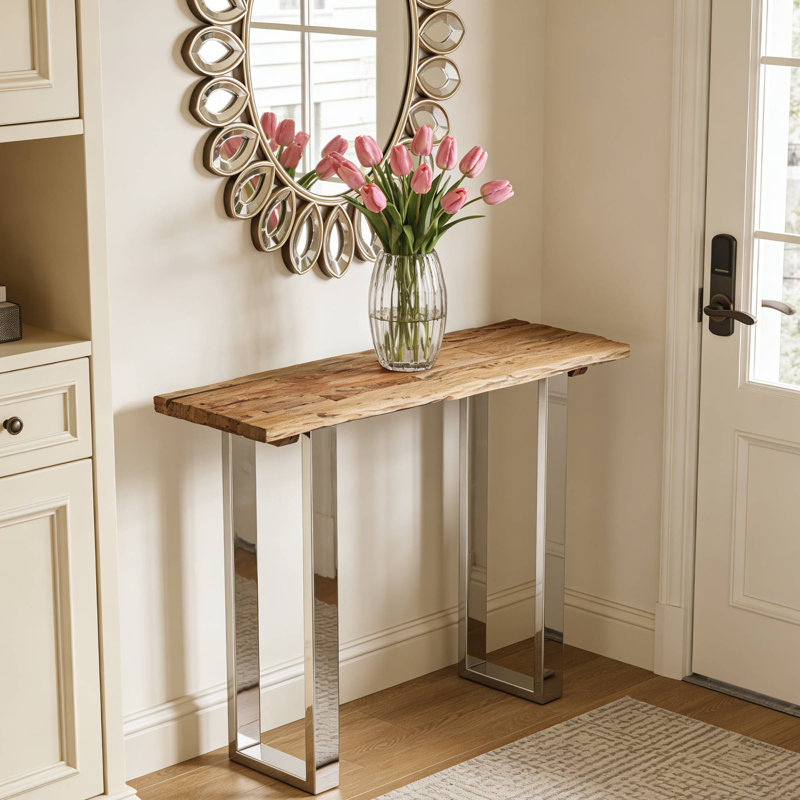 Console moderne, plateau en bois avec pieds en métal