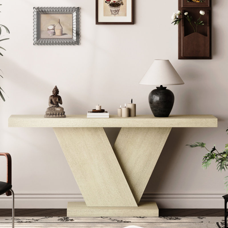 Table d'entrée de 66 po de style moderne Mid-Century, placage en bois massif, délavé en chêne étroit, structure triangulaire, stabilité supérieure, conception artistique, installation rapide et facile, assemblage élevé,