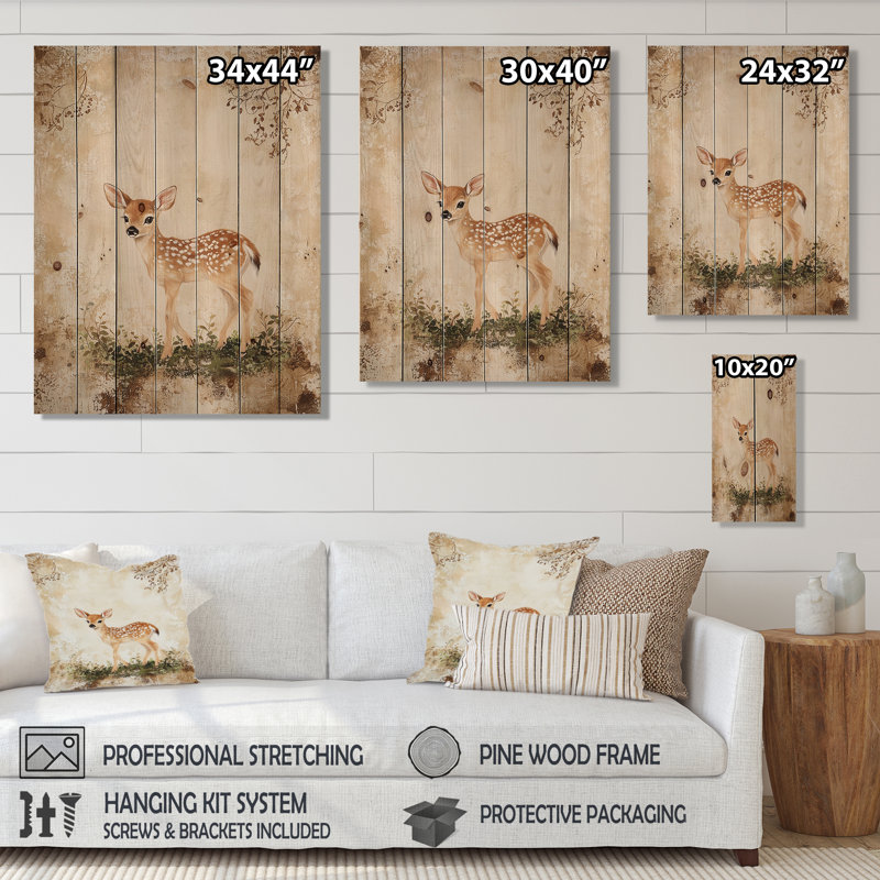 Deer fauve jouant dans la forêt - impression moderne en bois brun sur bois de pin naturel, H 40 po x l 30 po