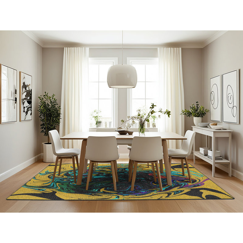 Tapis abstrait bleu / jaune, Rectangle 7 pi x 10 pi