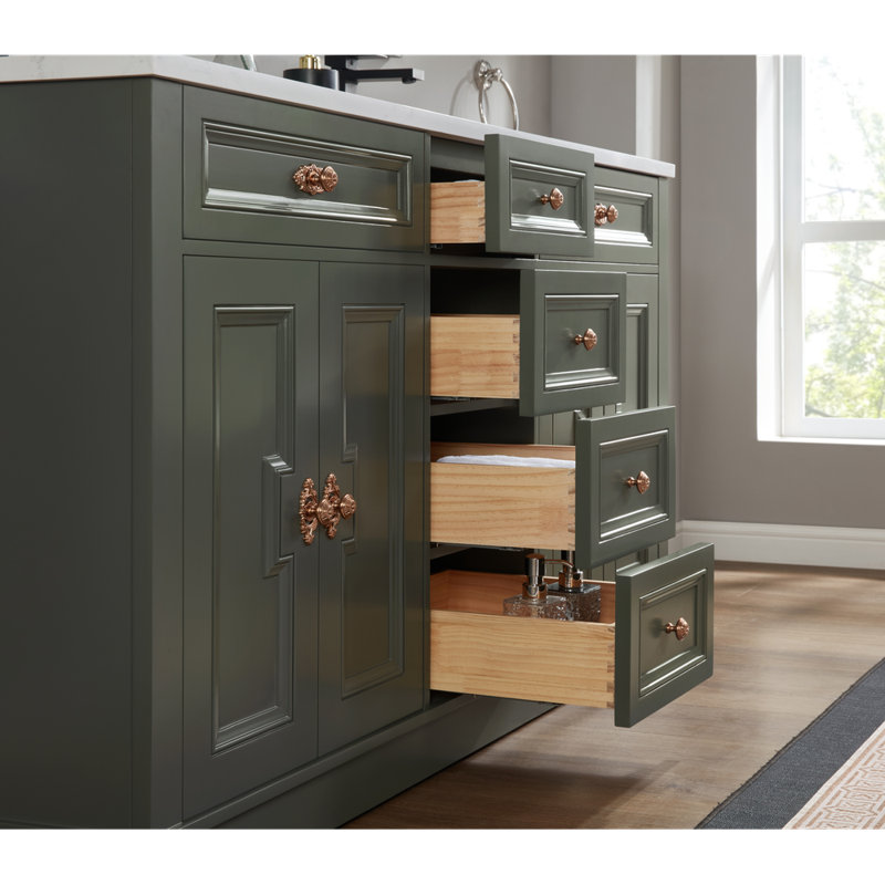 60" Solid Wood Sink Vanity With 1" Artificial Stone Top, Pewter Green, Rose Gold
