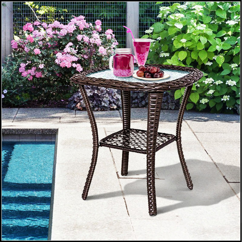Table d'appoint d'extérieur en résine tressée résistante aux intempéries, avec plateau en verre et structure en acier, idéale pour une utilisation en terrasse ou à l'intérieur, 51 x 51 x 51 cm
