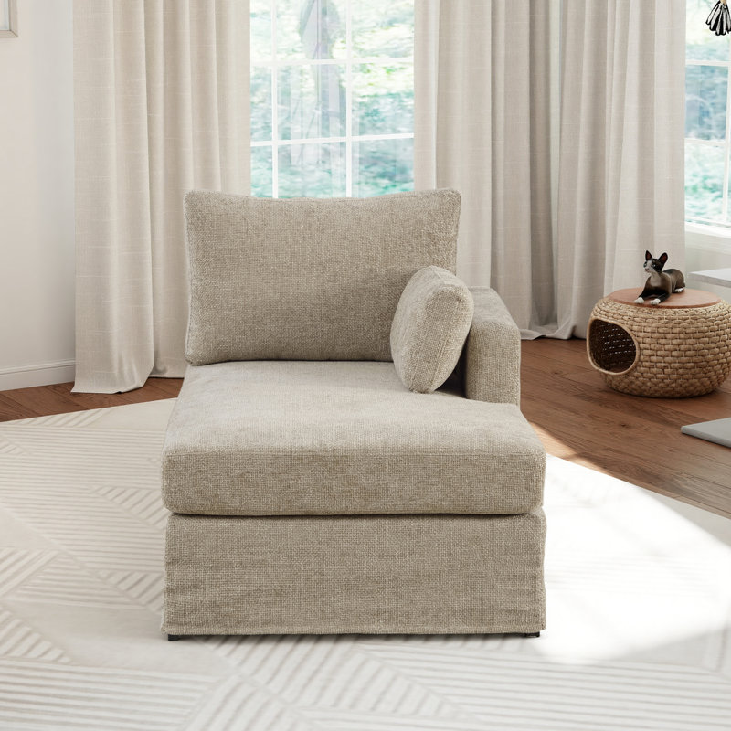 Chaise longue rembourrée en chenille de 32 po de largeur avec accoudoirs et coussins - droite, Taupe