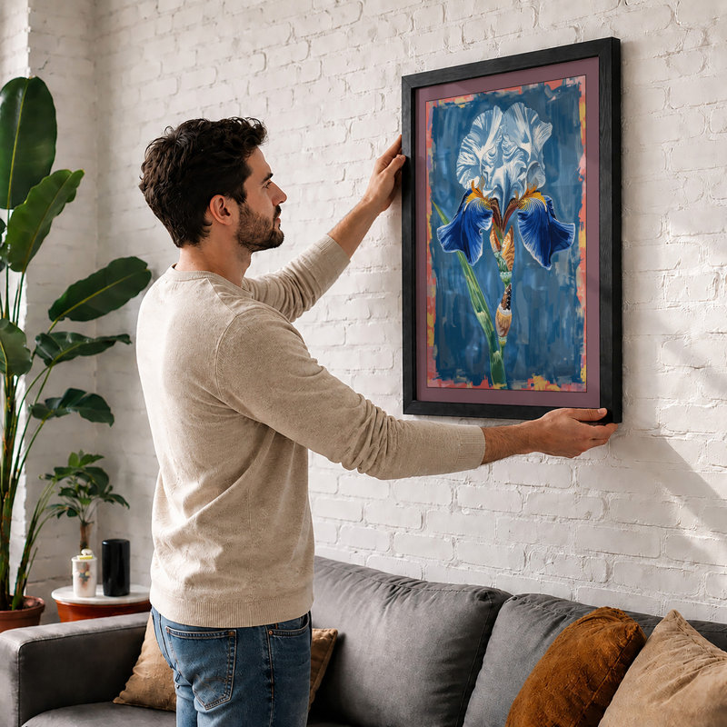 Iris in Blue Botanical - Framed Print, Walnut, A3 - 42.0 x 29.7 cm
