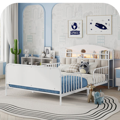 Metal Platform Bed Frame With Guardrails, Kids Bed With Upholstered Storage Headboard And Light