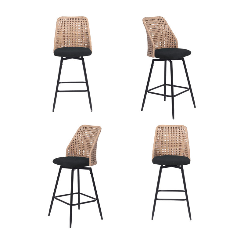 Upholstered Black Rattan Full Back Counter Swivel Bar Stool, Black