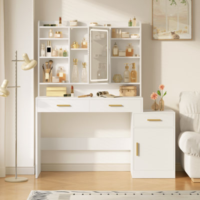 Grand bureau de coiffeuse avec miroir lumineux, coiffeuse de maquillage avec 3 tiroirs, 6 tablettes réglables