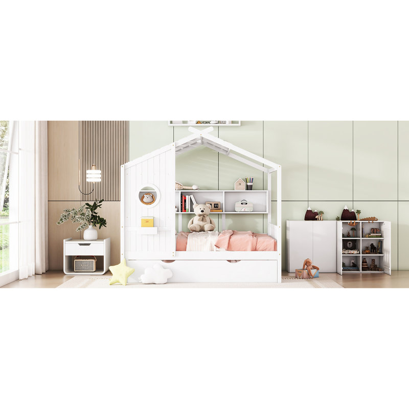 Lit simple en bois avec lit gigogne, conception moderne pour tablettes de nuit avec petite papeterie et décorations, Blanc