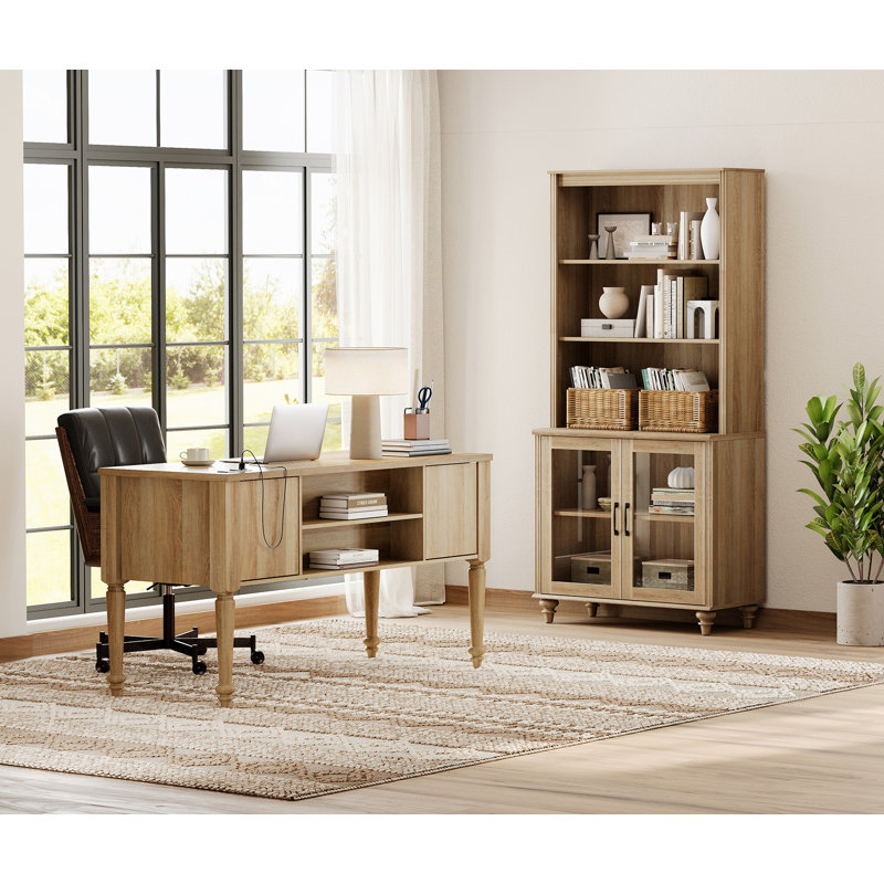 2 Piece Office Set, 56" Executive Desk & Bookcase With Glass Doors, Oak