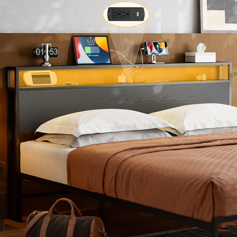 Anasofia Storage Headboard with Led Lights and Charging Station, Black, King