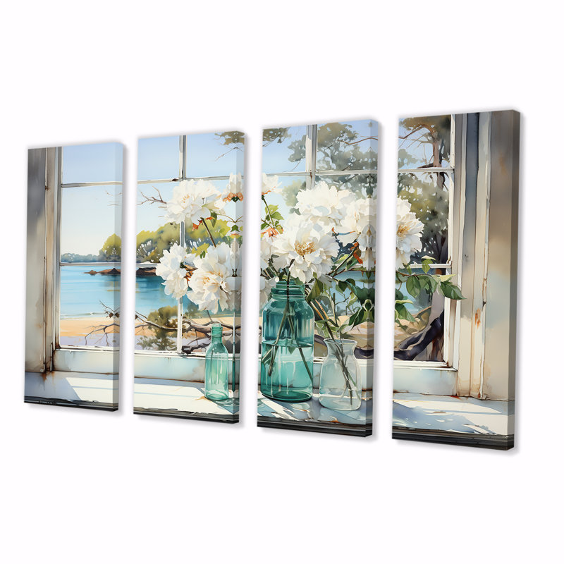 «Blue Window Beachfront View Blooms III - Coastal Window», art mural 4 pièces pour le salon, H 28 po x l 48 po