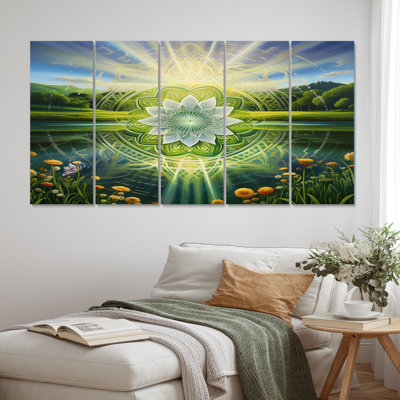 Lumineux mandala brillant au paradis paysage I - décoration murale bouddhisme - 5 panneaux égaux