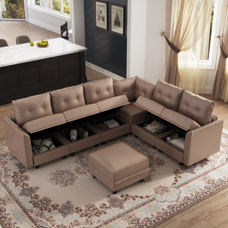 Kosuke Upholstered L-Shaped Sectional, Brown Polyester Blend
