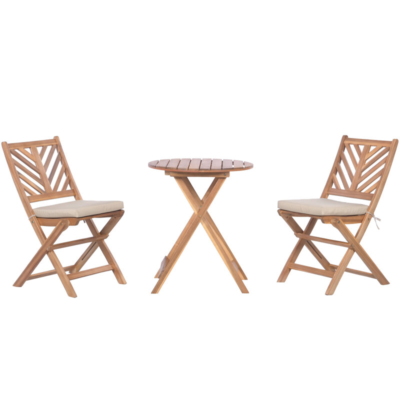2 - Person Acacia Wood Foldable Patio Dining Set with Round Table and Cushions