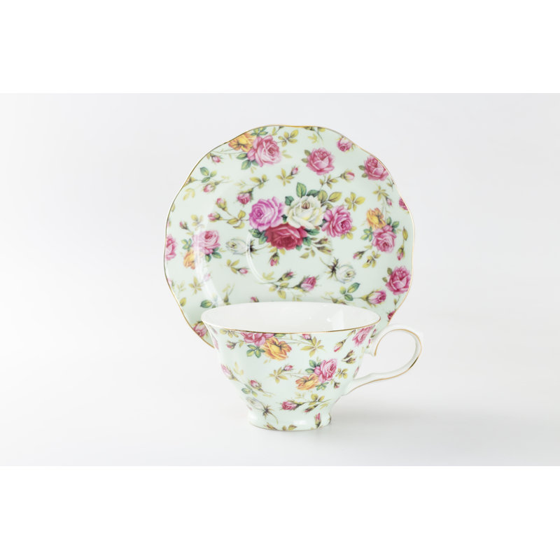 Ensemble de tasse à thé et soucoupe en porcelaine rose Chintz Blue Cottage