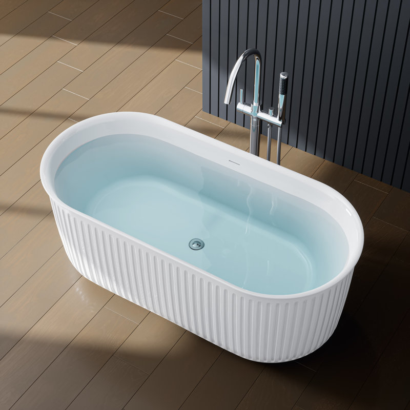 Baignoire de trempage autoportante cannelée moderne 59 "x 28,3", blanc brillant avec bord plissé