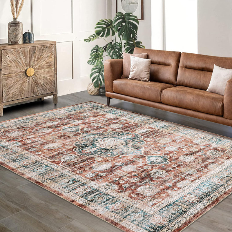 Large Dining Room Rugs 10x13 Medallion Accent Carpet with Non Slip Backing, Non Shedding Traditional Indoor Mats, Machine Washable Thin Floor Cover for Bedroom, Kitchen
