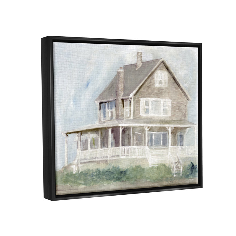 Vue du porche de Cape House - peinture, H 17 po x l 21 po x P 1,7 po, Cadre flottant noir de jais
