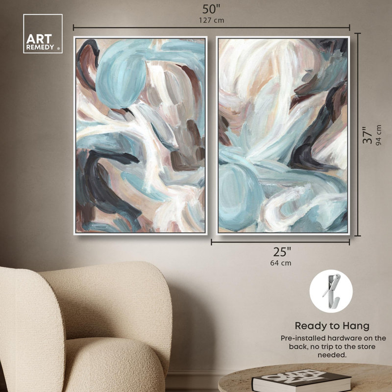 Modern Shapes Diptych Canvas Print Blue and Sage Art Set by Art Remedy, Black Frame, 10 x 15, H 37 po x l 25 po, White Frame