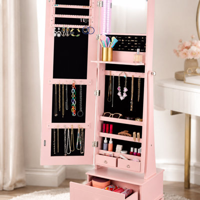 Pink 360 Swivel Jewelry Armoire, Standing Armoire with LED Beveled Mirror