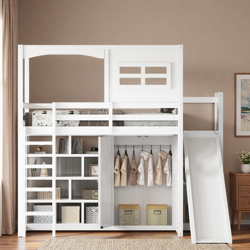 Lit mezzanine en bois avec garde-robe, tablettes de rangement, glissoire et éclairage à DEL