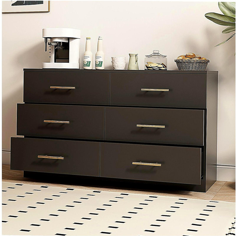 Grande commode 6 tiroirs noire avec poignée dorée, Noir