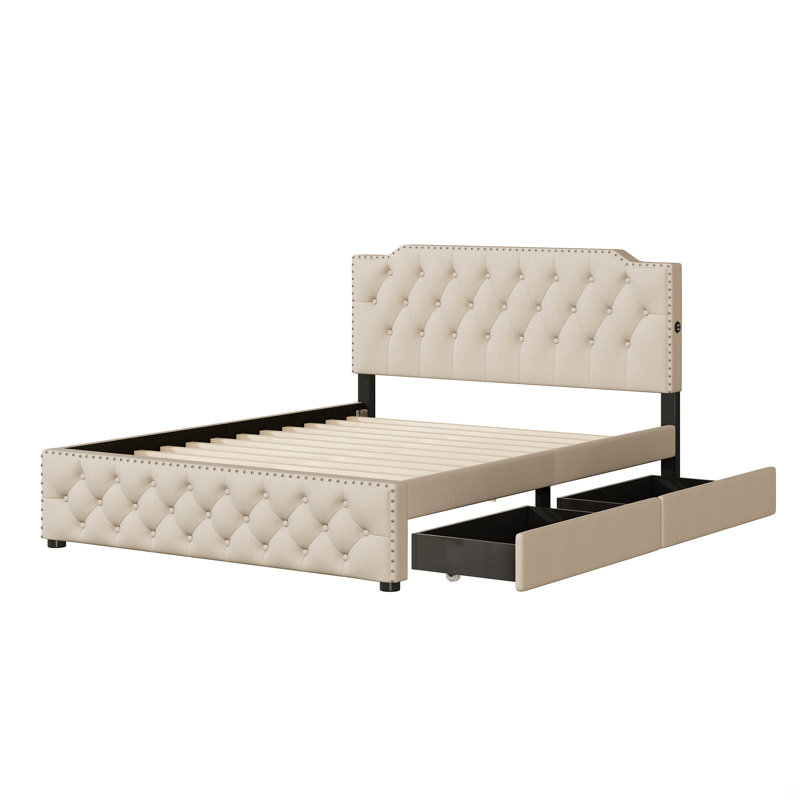 Grand lit plateforme tapissier avec rangement Jontrell, Beige