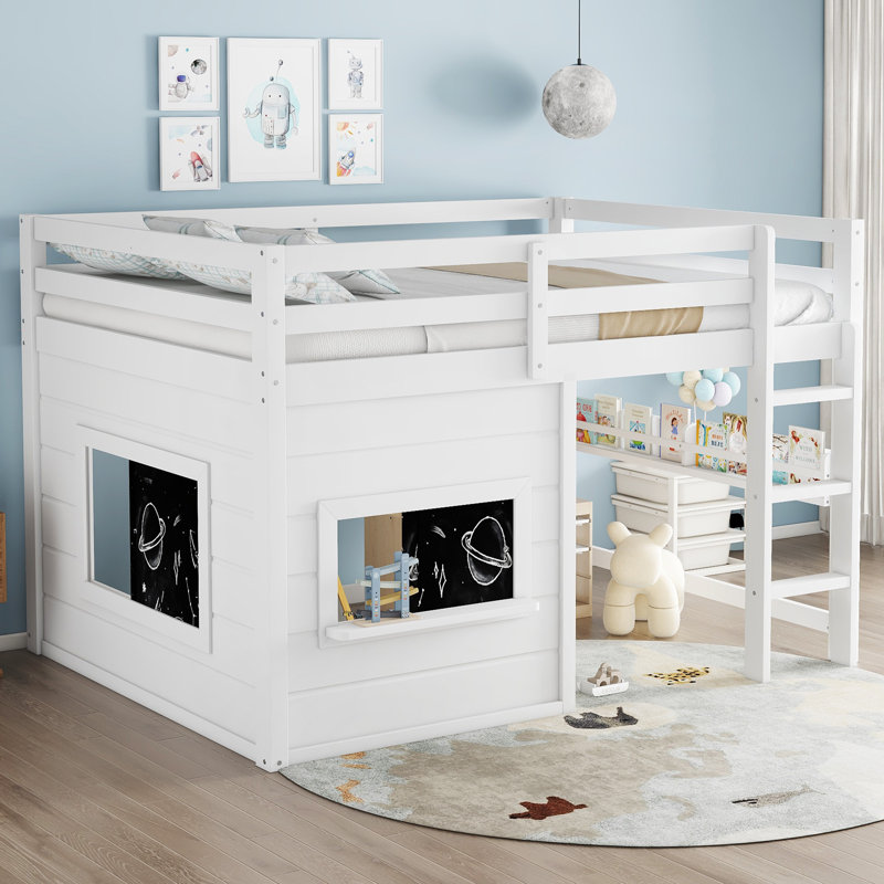 Lit mezzanine simple avec tableau noir coulissant, bibliothèque intégrée et rails de sécurité, blanc, lit mezzanine solide pour enfants