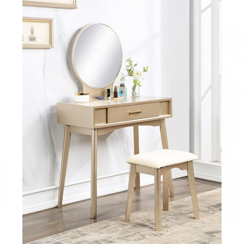 Ensemble de coiffeuse et tabouret contemporain en bois Maly, blanc, Blanc