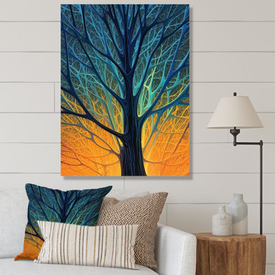 Gros plan sur un arbre d'hiver dans une lueur dorée sur toile