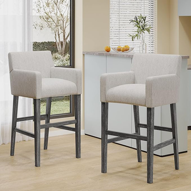 Upholstered Bar stool with armrest and footrest, Light Gray, 1