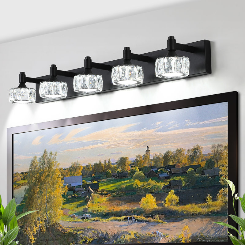 5 - Applique murale à DEL noir mat avec abat-jour en cristal pour meuble-lavabo