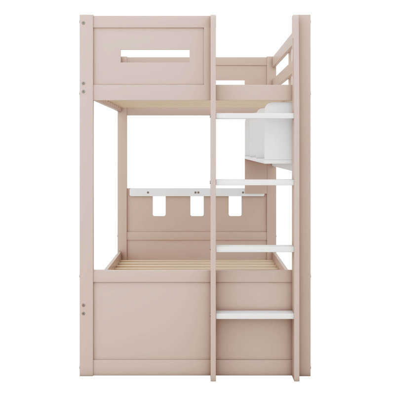Castle-Themed Bunk Bed Equipped With Two Drawers, A Shelf, And LED Lights, Twin, White